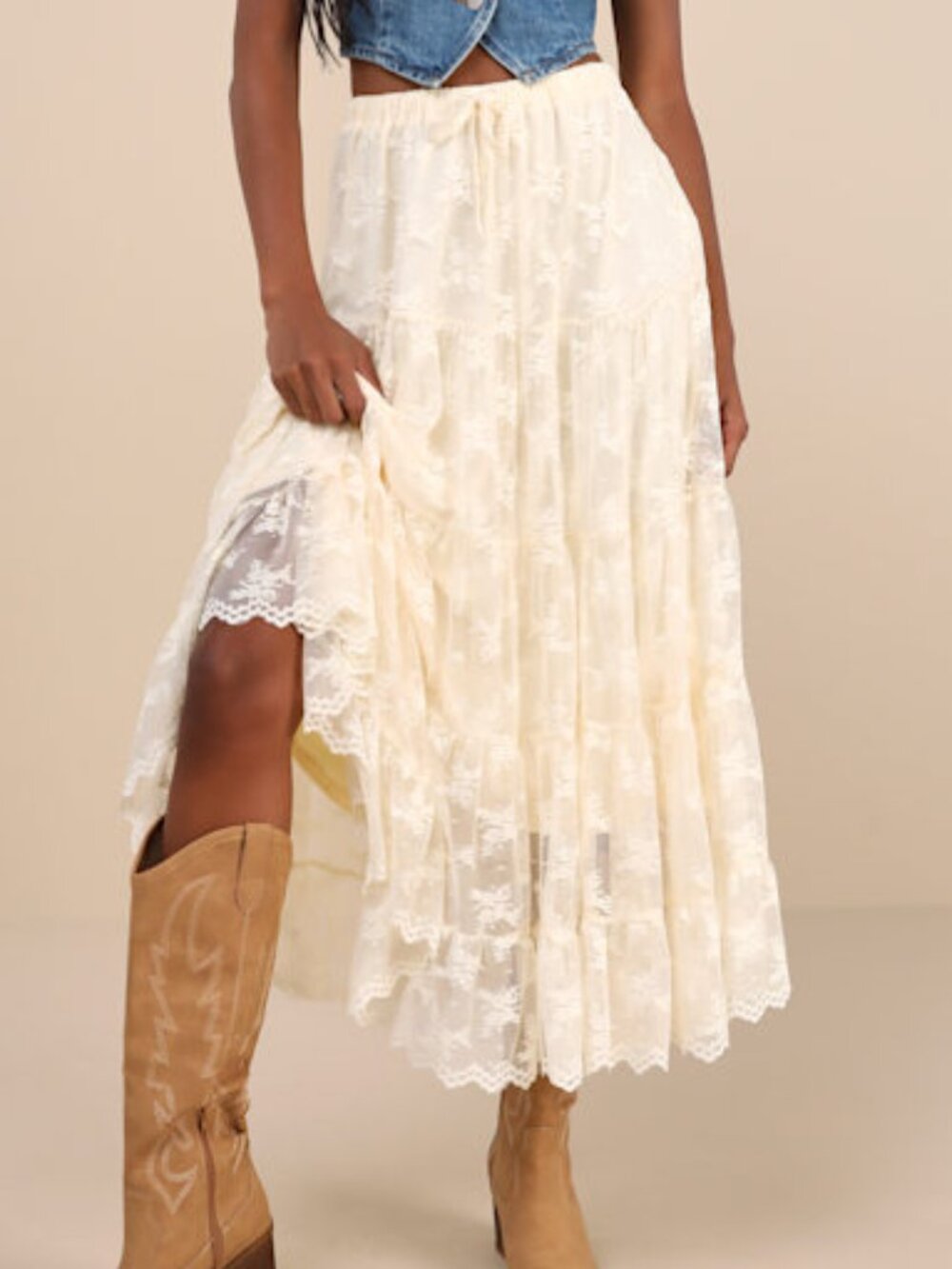 Lulus Exceptionally Graceful Cream Lace High-rise Tiered Midi Skirt White